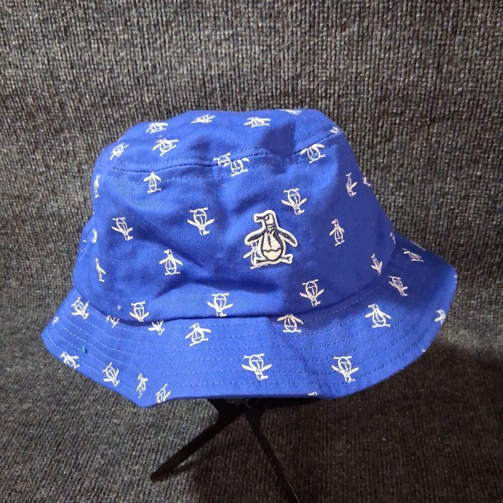 Original Penguin Blue All Over Logo Print Bucket Hat OSFM Cotton